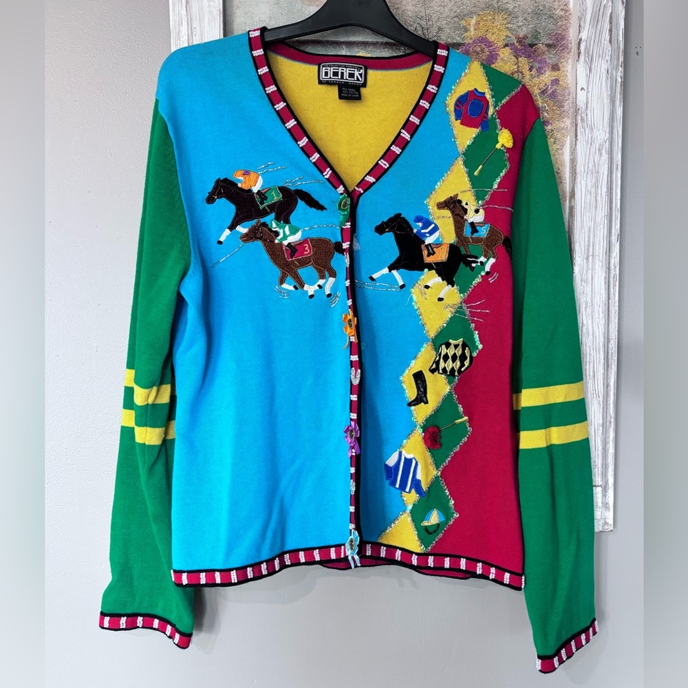 Cool Vintage Berek Horse Racing Equestrian Cardigan Sweater M Jockey Novelty
